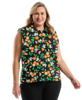 Plus Size Orange Print Ruffle Trim Sleeveless Polo Shirt