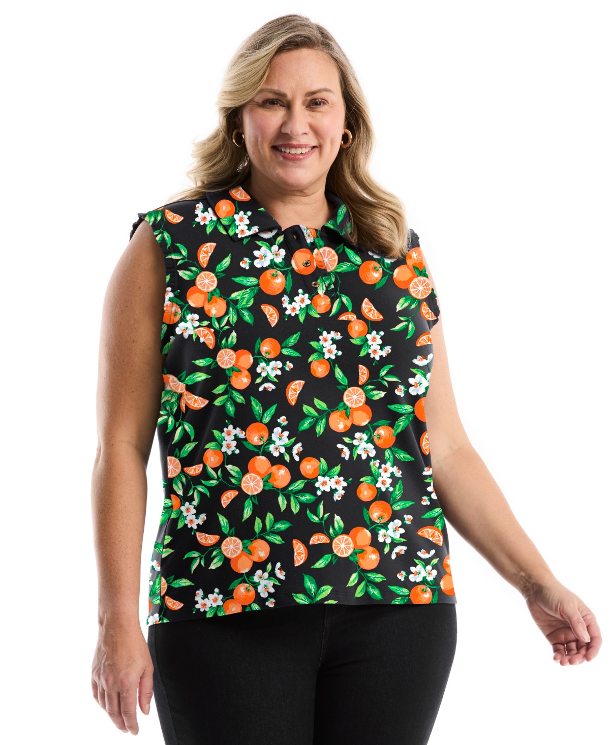 Rafaella Plus Orange Print Ruffle Trim Sleeveless Polo Shirt
