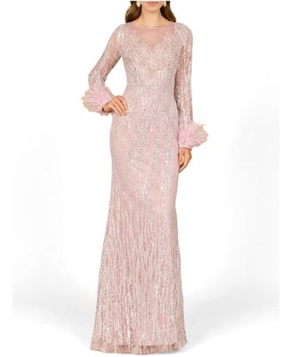Women's Long Sleeve Sheath Gown with Feathers