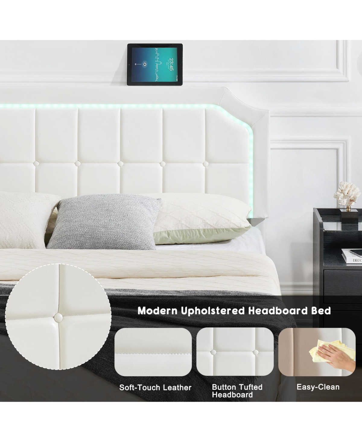 homfan Floating Upholstered Bed Frame with Led Headboard, Adjustable Height, Metal Slat Support, Box Spring Not Required