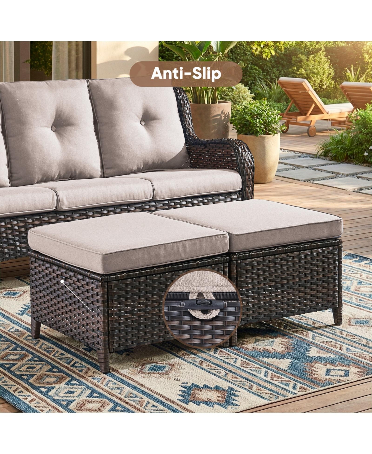 Pocassy 2 Pieces Outdoor Patio Ottoman, All Weather Rattan Wicker Ottoman Seat, Furniture, Footstool Footrest Seat with Cushions