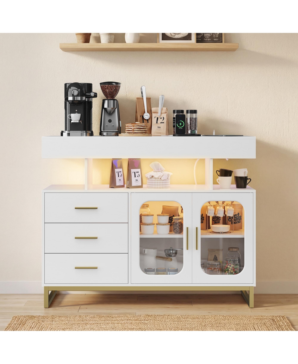 homfan Modern Led Sideboard Cabinet with Rgb Lighting, Charging Station, 3 Drawers, 2 Doors, And Spacious Storage for Dining or Living Areas.