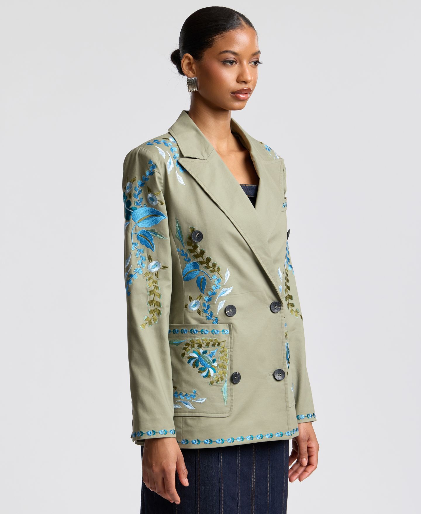 Женский пиджак Avec Les Filles Embroidered Double-Breasted Blazer, цвет: Бледный оливковый — фото 3