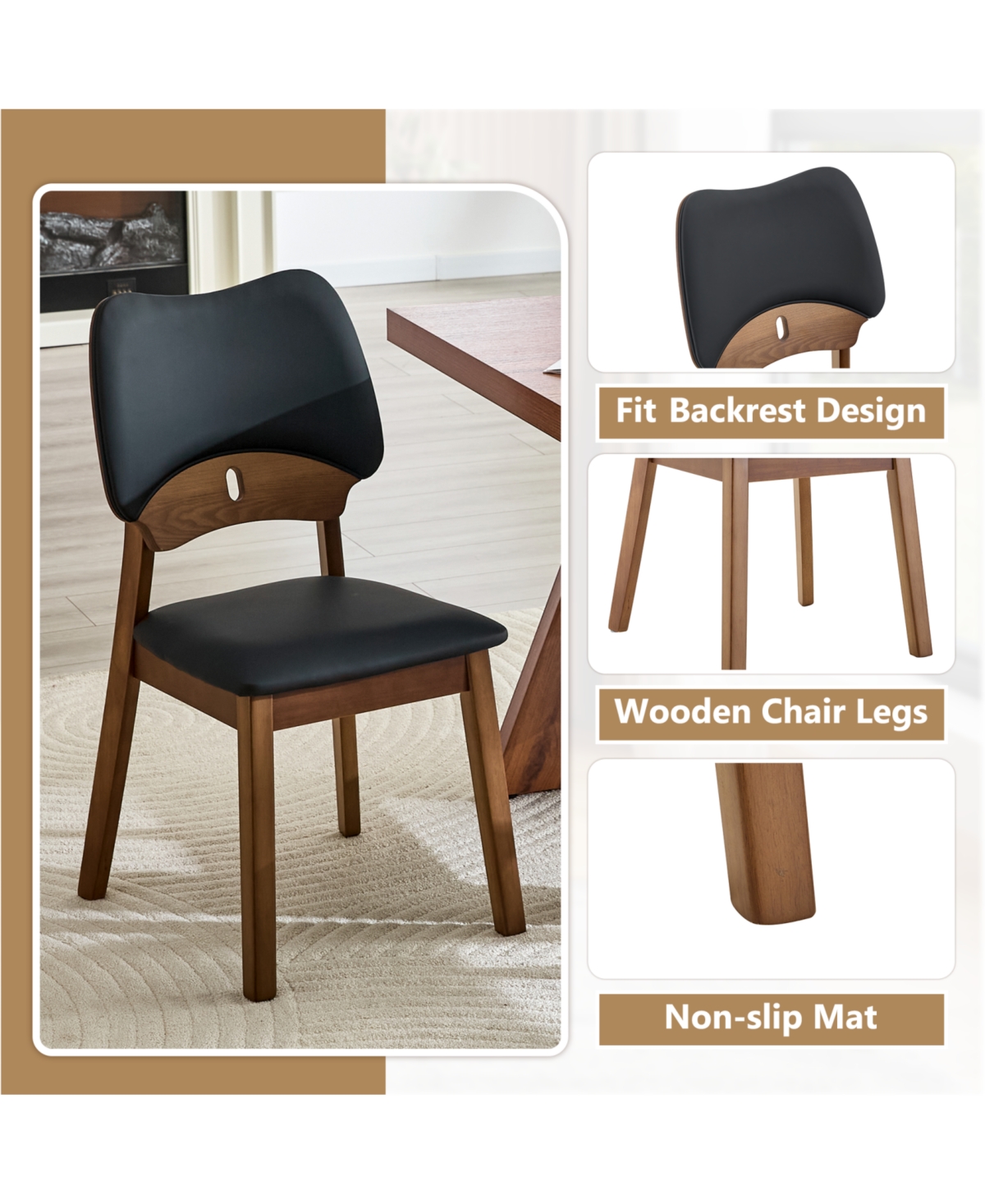 Rainsken Solid Wood Dining Chair Set of 2, cushion Hollowed Out Design Backrest, Mid Century Chair, for Room, Kitchen