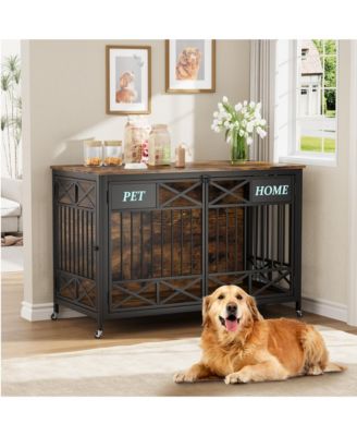 Heavy Duty XXL Wooden Dog Crate Furniture, Double Doors and Name Tag, Sliding Pulley System Kennel, Decorative Pet Cage TV Stand for Large Dogs