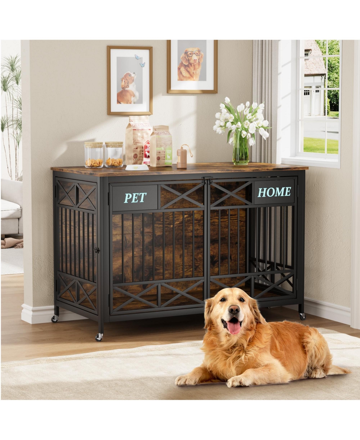 Gaomon Heavy Duty Xxl Wooden Dog Crate Furniture, Double Doors and Name Tag, Sliding Pulley System Kennel, Decorative Pet Cage Tv Stand for Large Dogs