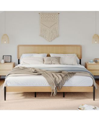 King Rattan Platform Bed – Headboard, Wood Slats, Under Bed Storage, Noise-Free, No Box Spring Needed