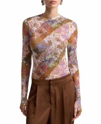 Women's Printed Long-Sleeve Mesh Top