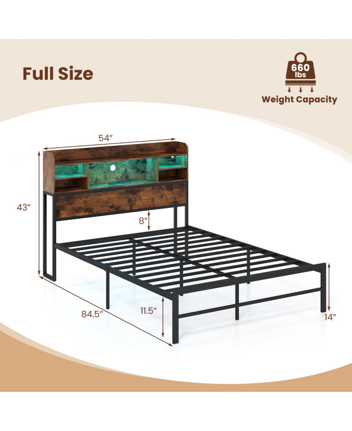 Slickblue Full Bed Frame with Led Headboard Lights and Convenient Charging Station