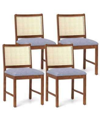 Rattan Dining Chair Rubber Wood Frame Linen Fabric Padded Seat