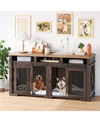 Adjustable Height Wooden Dog Crate Furniture End Table with 360 Rotating Feeder, Heavy Duty Dog Crate with 360 Wheels, Indoor Dog Kennel
