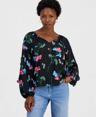 Women's Petite Ruffle Floral-Print Long-Sleeve Blouse