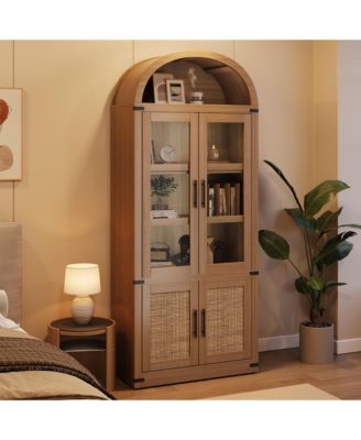 71 Inch Tall Arched Display Cabinet, 5-Tier Bookshelf Modern Farmhouse Arched Bookcase with Wooden Doors