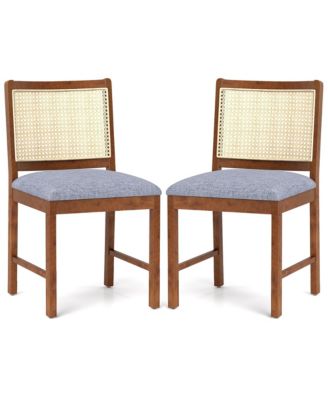 Rattan Dining Chair Set of 2 w/ Rubber Wood Frame Linen Fabric Padded Seat