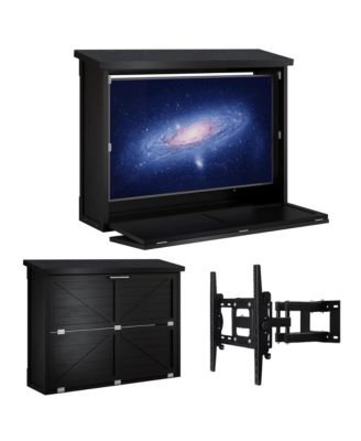 55 Inch Outdoor TV Enclosure - Weatherproof Wood TV Cabinet with Adjustable Wall Mount Bracket and Vertical Door, Protective TV Cover for Patio