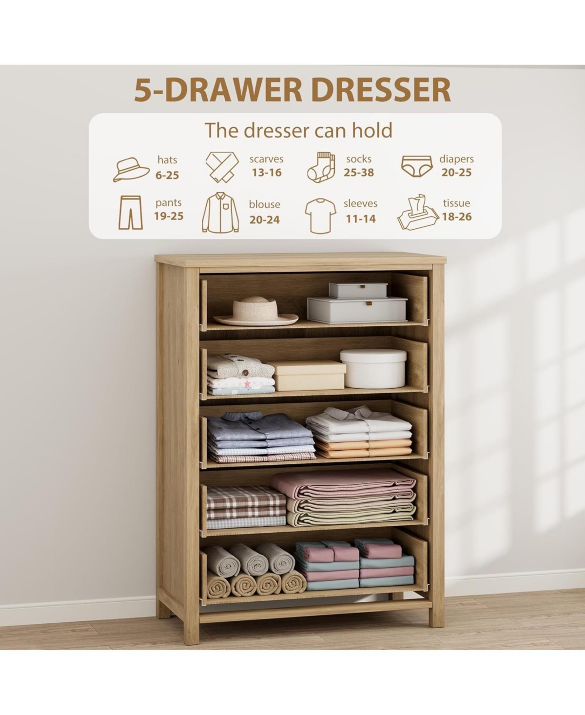 homfan 5 Drawer Tall Dresser, 45 in Rattan Dresser, Boho Chest of Drawers, Wooden Chest with Clothes Storage Cabinet