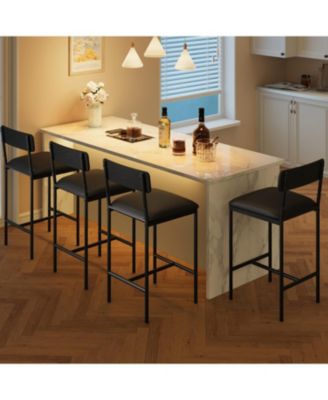  Set of 4 Bar Stools - Upholstered Counter Height Chairs with Backrest and Footrest, Rustic Black Finish for Kitchen Island, Dining or Home Bar