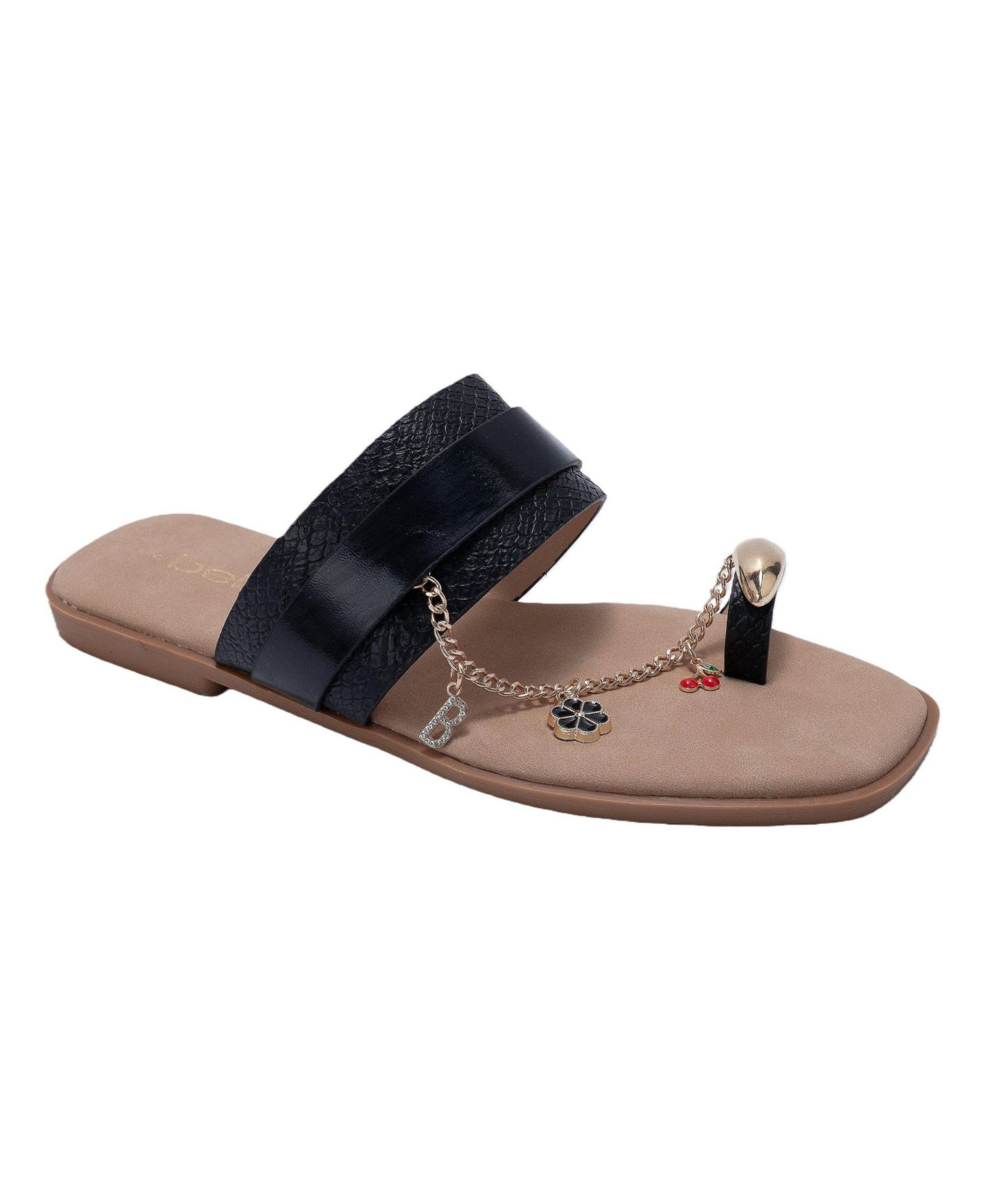 Женские сандалии Bebe Thong Sandals with Charm Chain Detail Flat Slip-On Summer, цвет: Чёрный — фото 1