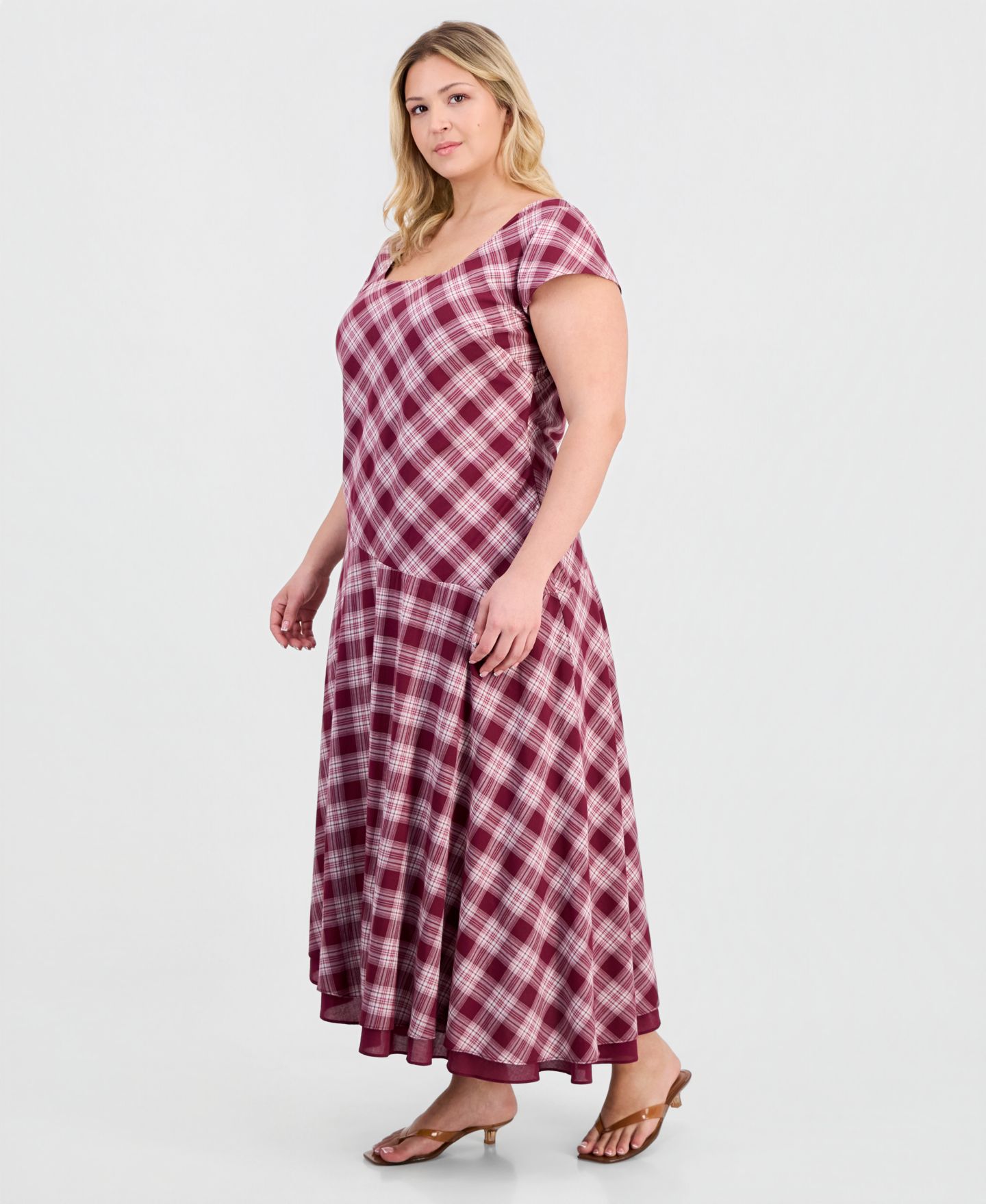 Женское платье And Now This Plus size Cotton Plaid Cami-Strap Asymmetric, цвет: Винный клетчатый — фото 3