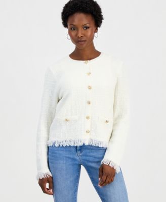 Petite Frayed Button Down Textured-Knit Cardigan