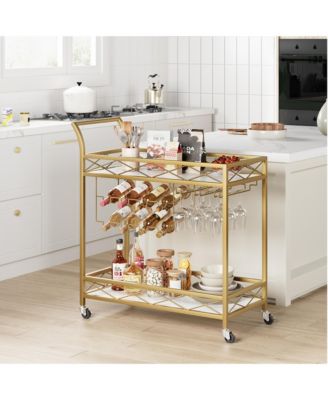 Gold 2-Tier Bar Cart with Wheels, White Marble Finish Shelf, Wine Rack and Glass Holder for Kitchen