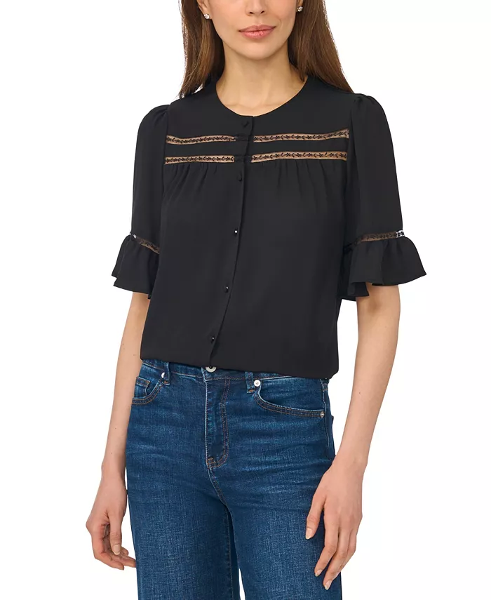 Women's Ruffle-Sleeve Horizontal Lace Insets Top