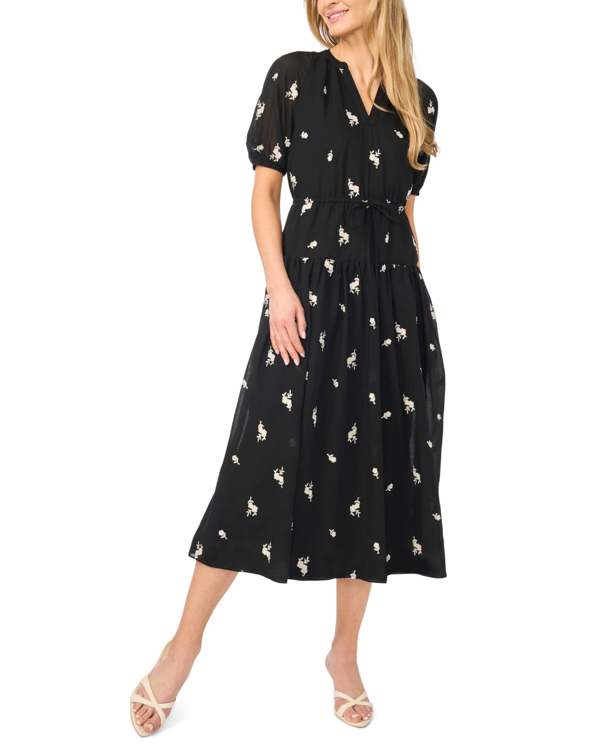 CeCe Women's Printed V-Neck Tie-Waist Midi Dress - Rich Black