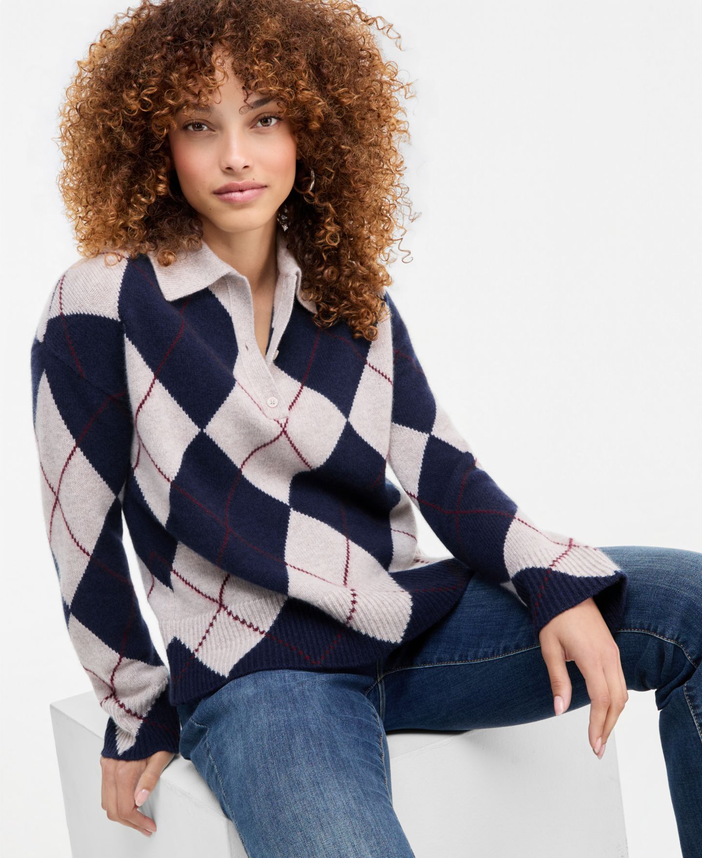 Женский свитер Charter Club 100% Cashmere Argyle Oversized-Collar, цвет: Тёмно-синий с ромбами — фото 4
