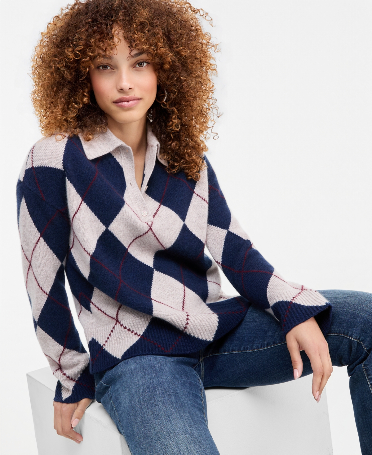 Charter Club petite 100% Cashmere Argyle Oversized-Collar Sweater, Macy's Exclusive