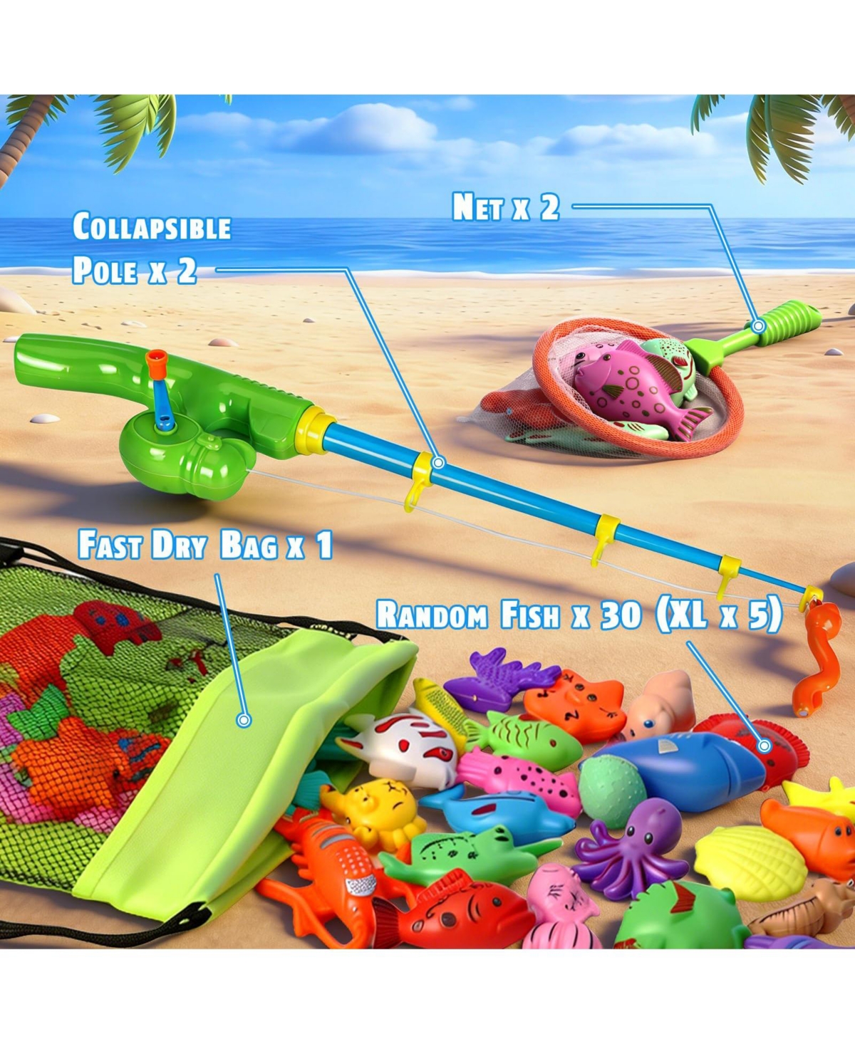 Gnuadz 30 Fishes Fishing Game Set Water Table Bath Toy Kids Outdoor Floating Fish Pole Rod Net Party