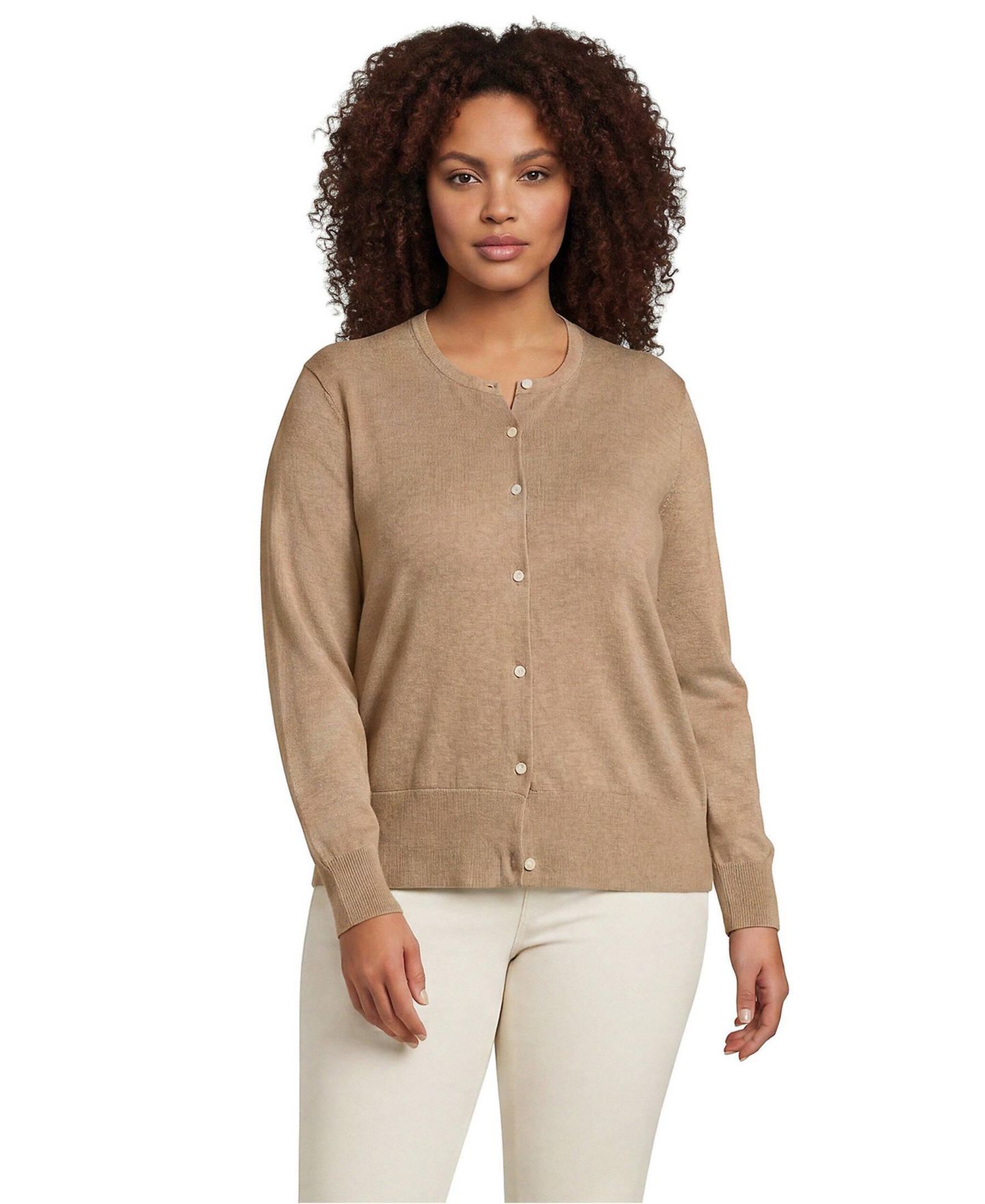 Женский кардиган Lands' End Plus Size Fine Gauge Cotton Crew Cardigan, цвет: Меланжевый — фото 2