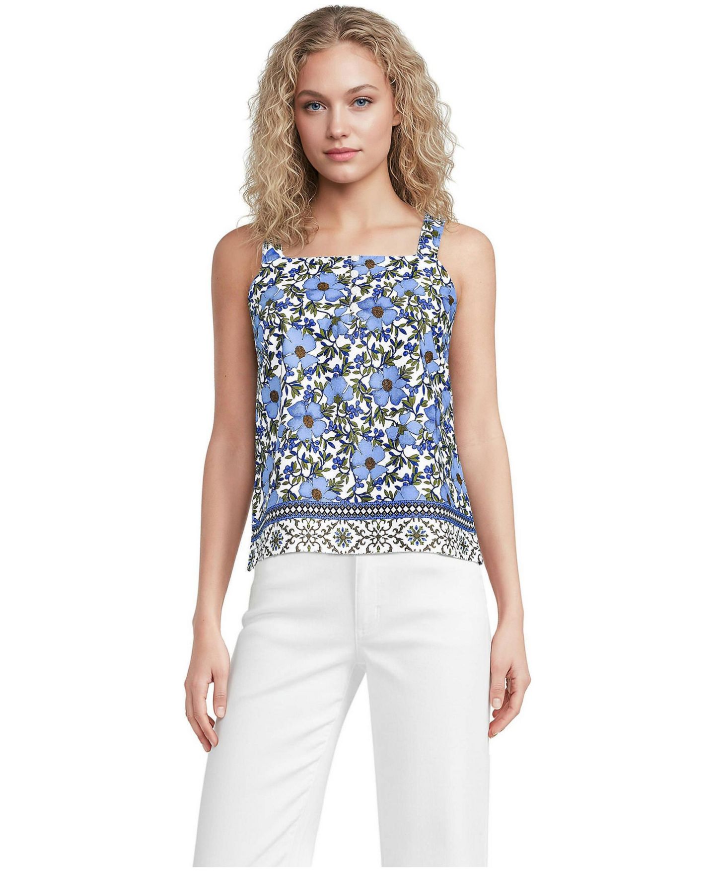 Женский топ Lands' End Poplin Square Neck Sleeveless Shell, цвет: Прозрачный синий небесно-голубой — фото 1