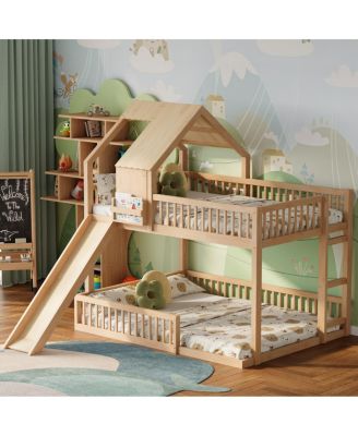 Wood Floor House Bunk Bed with Slide and Ladder