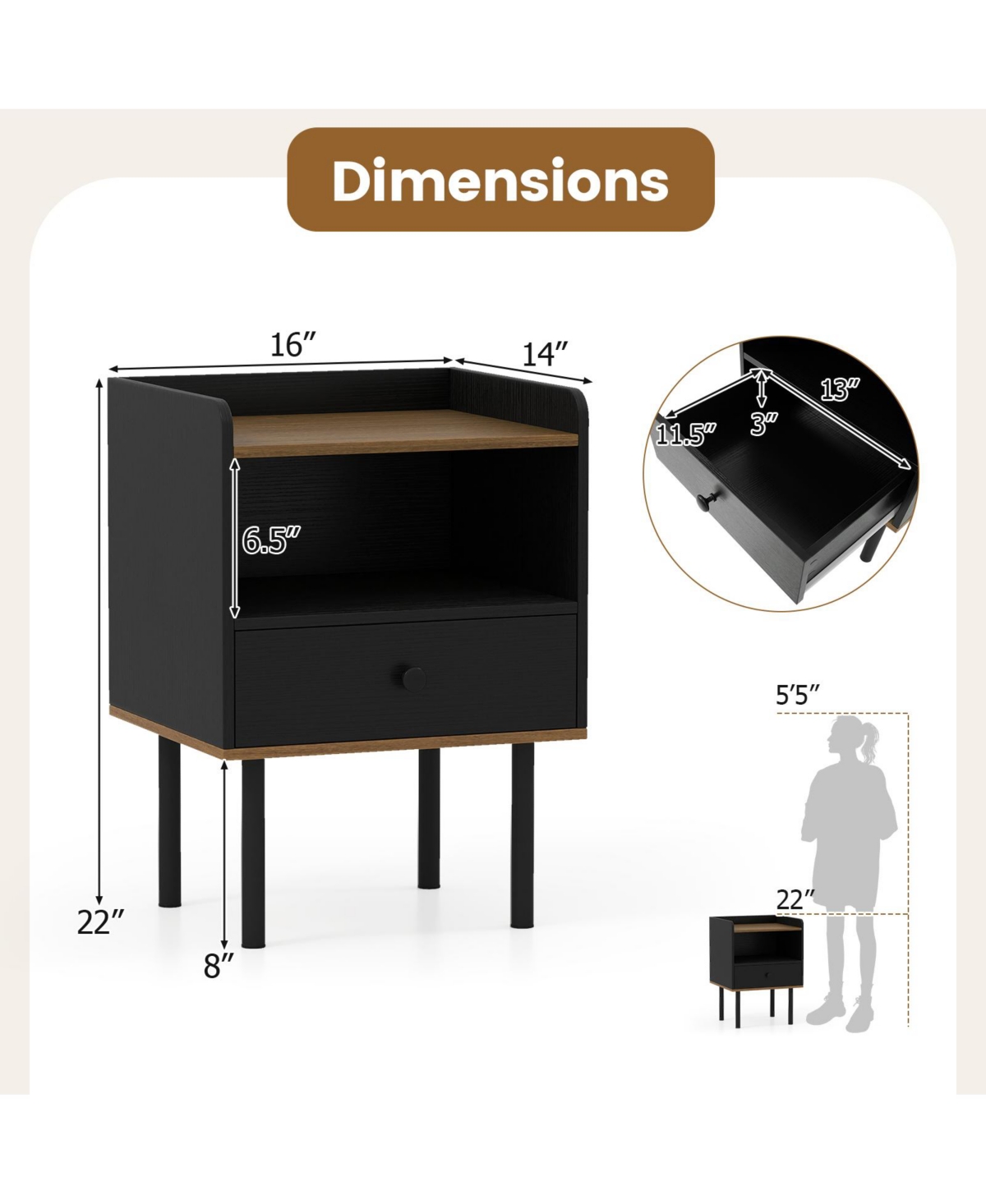Slickblue 3-Tier Storage Nightstand with Drawer, Modern Side Table for Bedroom or Living Room