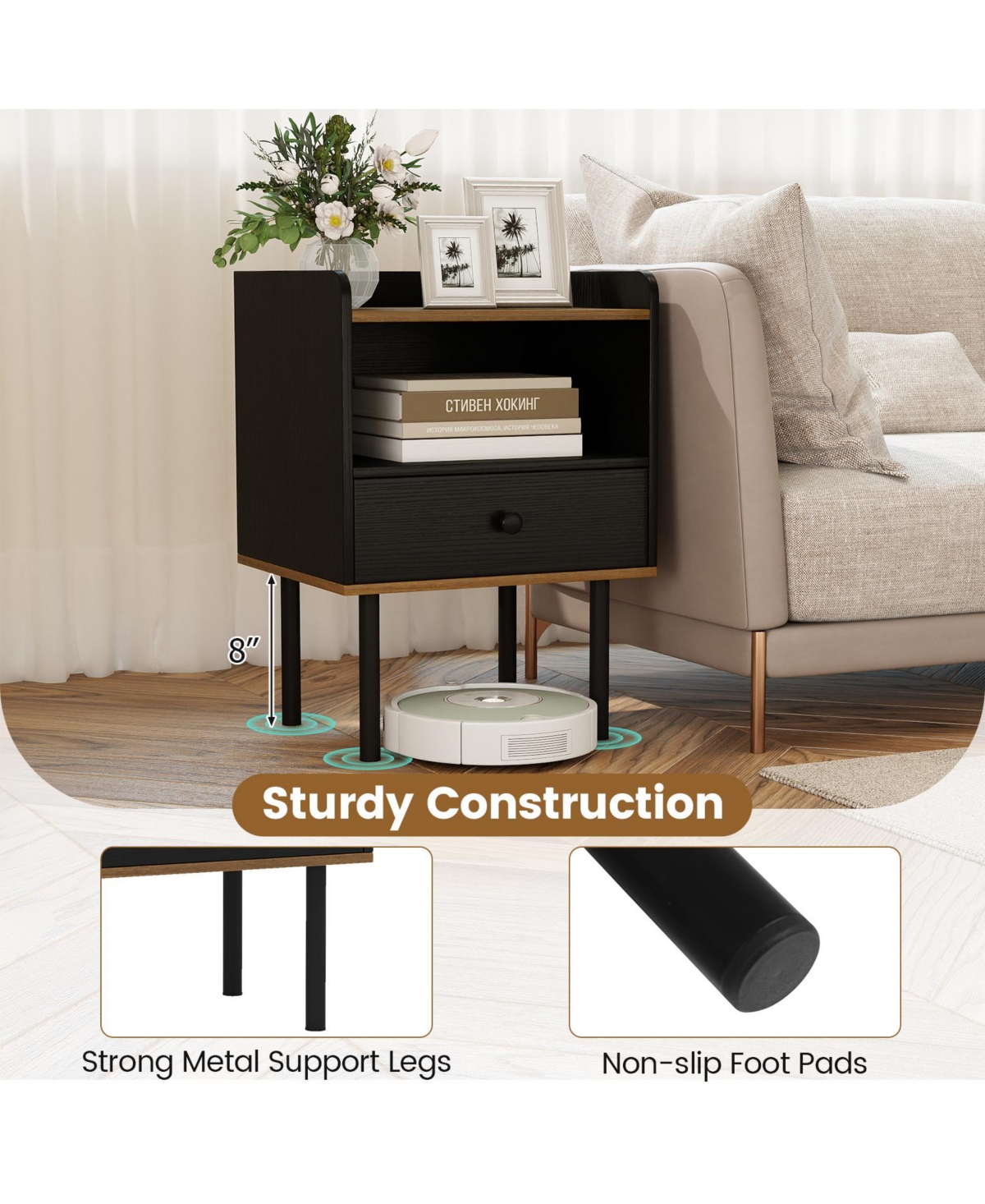 Slickblue 3-Tier Storage Nightstand with Drawer, Modern Side Table for Bedroom or Living Room
