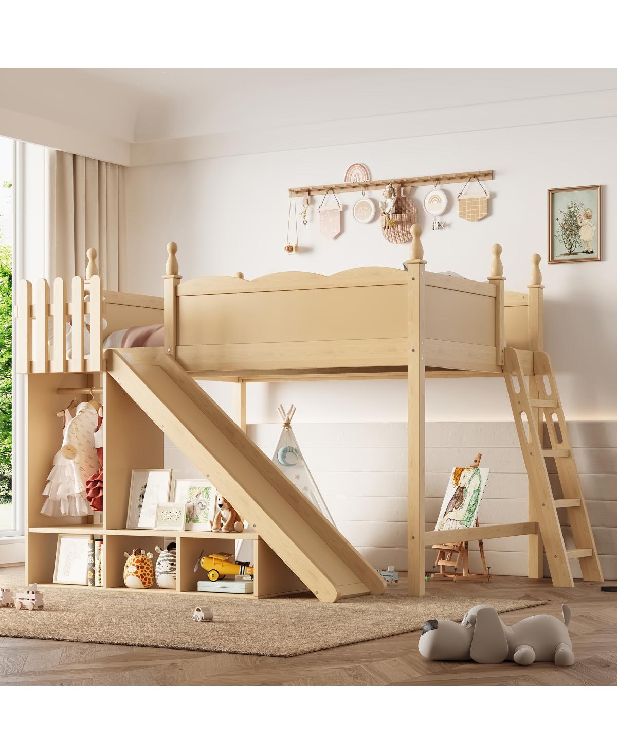 Streamdale Furniture Solid Wood Loft Bed with Storage, Wardrobe, and Slide