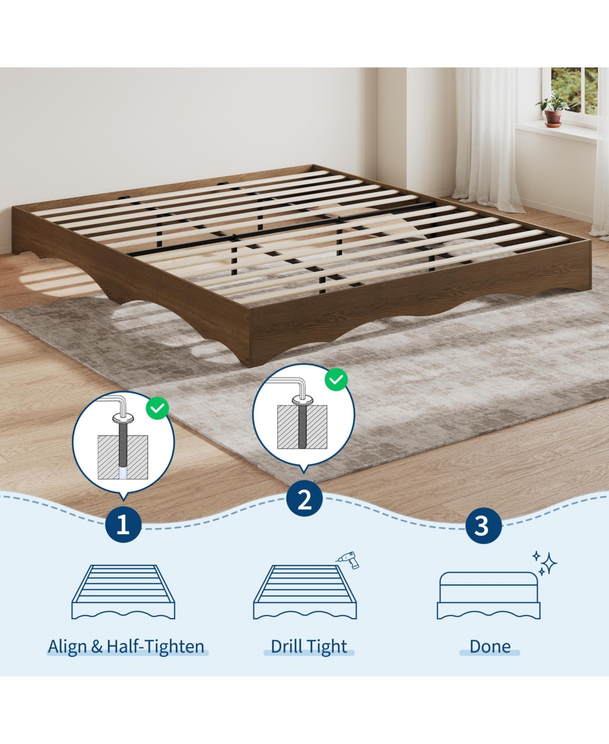 homfan Minimalist Wave Edge Wood Platform Bed Frame - Sturdy and Noise-Free, Easy Assembly, No Box Spring