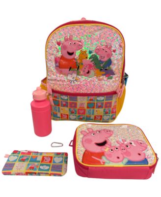 Boys' and Girls' Peppa Pig Backpack, Lunch Bag, Water Bottle, Zip Case and Carabiner, 5-Piece Set 