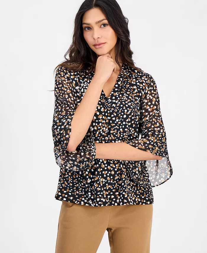 Petite Printed 3/4-Bell-Sleeve Split-Neck Top - thumbnail 5