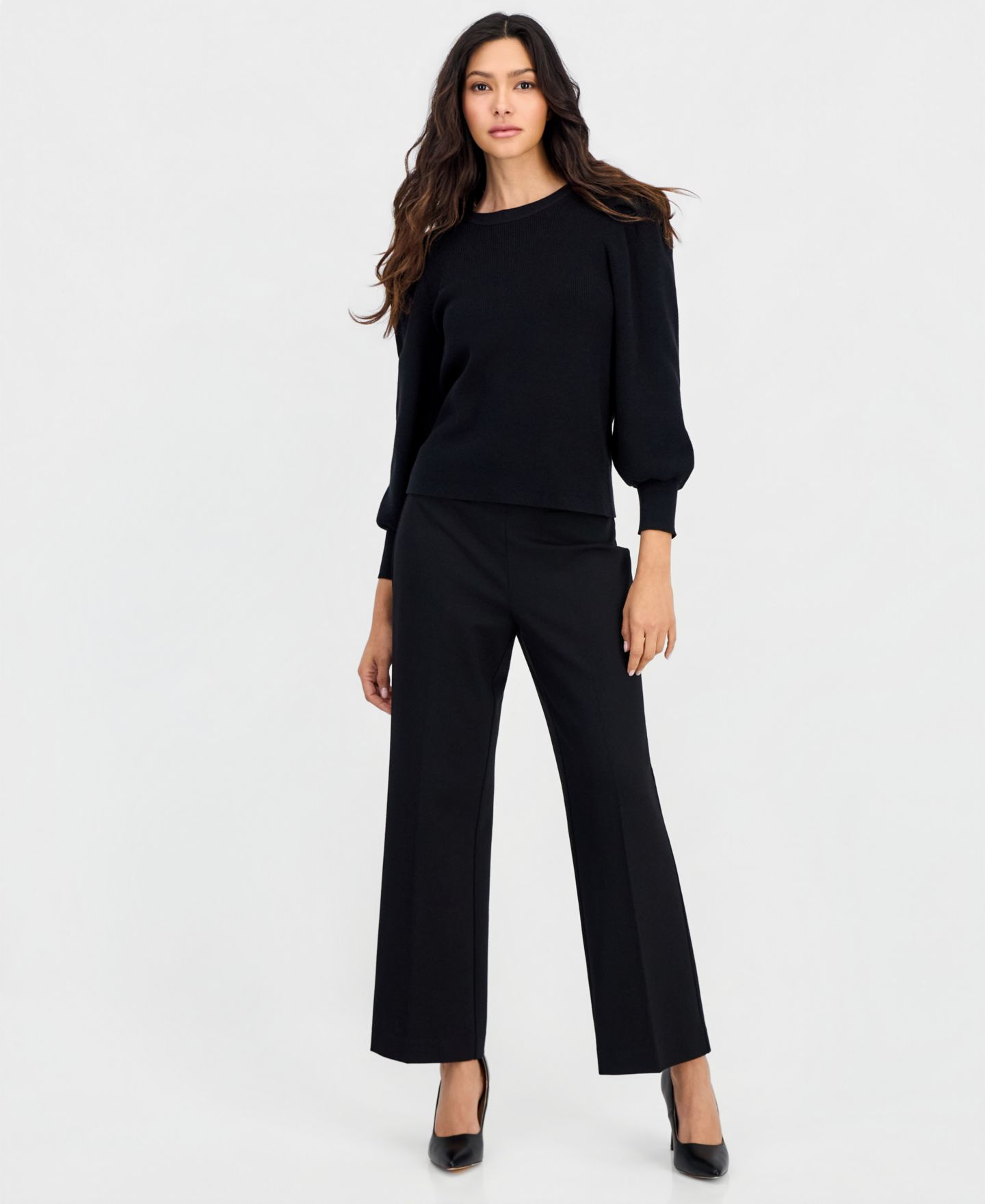 Женский свитер Anne Klein Essentials Petite Puff-Sleeve Crewneck, цвет: Чёрный — фото 3