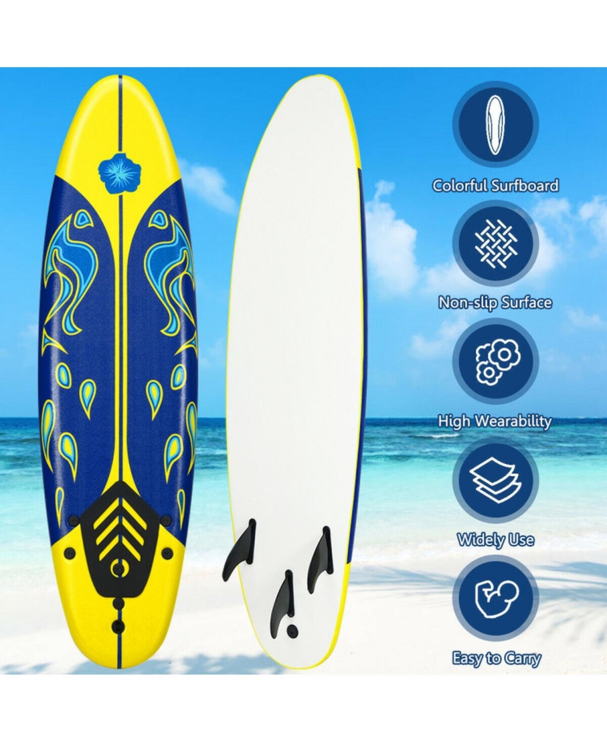 Sevorley 6 ft Foam Surfboard with 3 Detachable Fins, Leash
