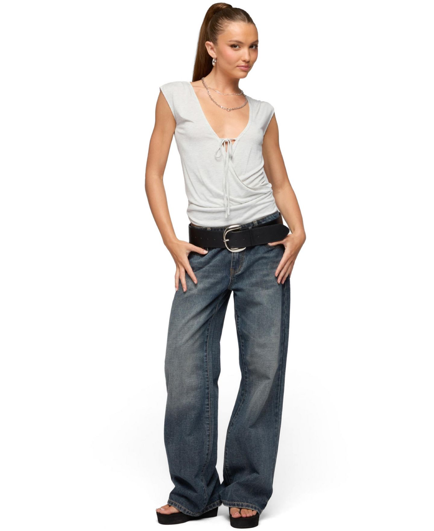 Женский топ Edikted Tie Front V Neck Wrap, цвет: Светлый серый меланжевый — фото 3