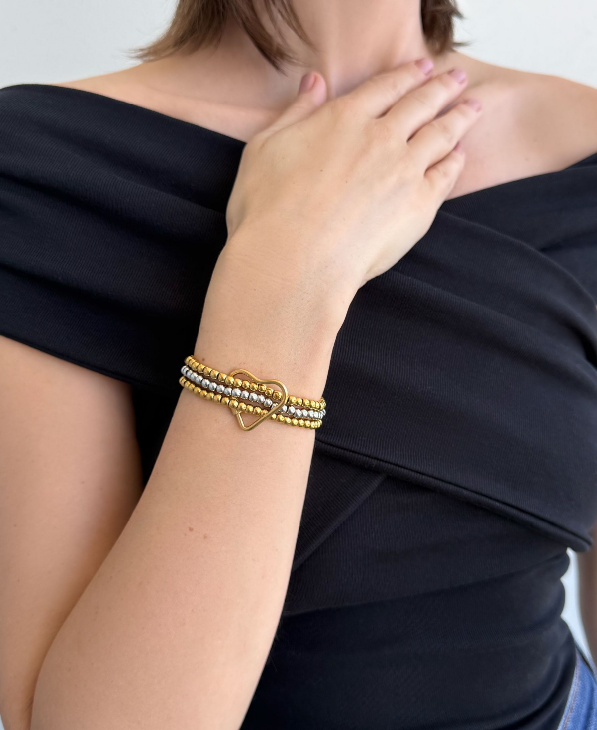 Adornia Tarnish Resistant Gold and Silver Bead Bracelet with Heart Lock Set