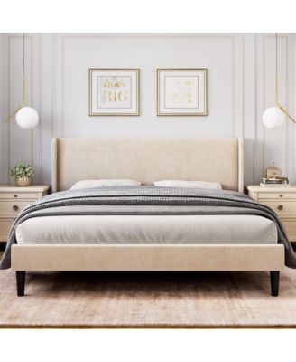 Wingback Upholstered Bed Frame, Vertical Striped Velvet Design, Dual Side Storage Pockets, Wooden Slat Support, No Spring Required