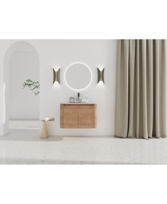 Wall Mounted Modern Bathroom Vanity with Plywood Cabinet, Stone Countertop, Ceramic Vessel Sink for Small Spaces