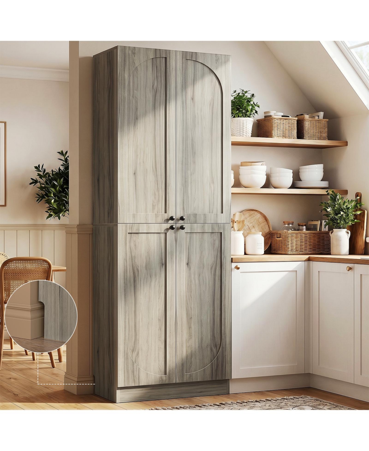 Aheaplus Tall Arch Pantry Cabinet with Doors and Shelves, Wooden Kitchen