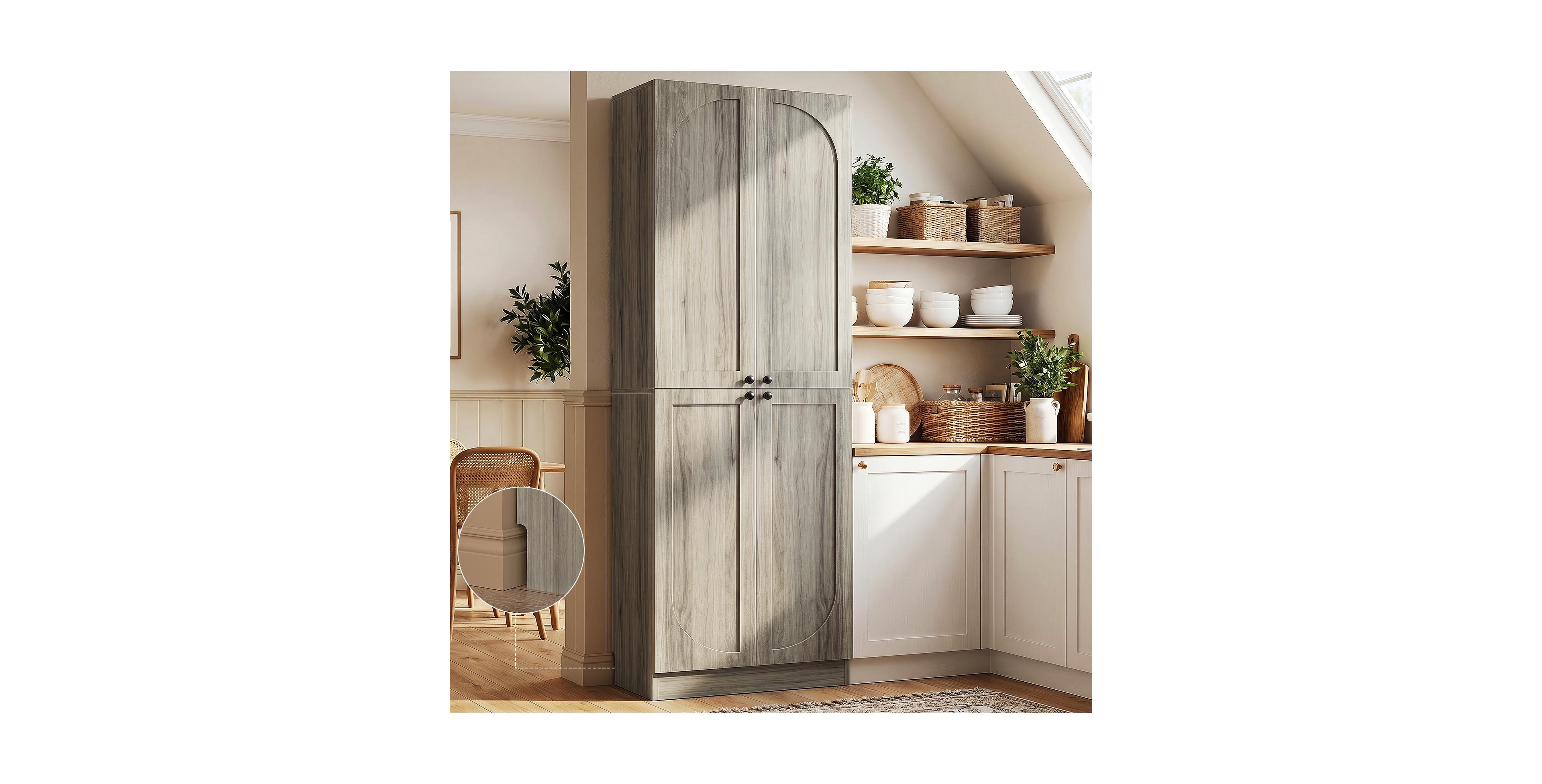 Aheaplus Tall Arch Pantry Cabinet with Doors and Shelves, Wooden Kitchen
