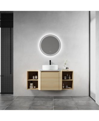 Wall Mounted Bathroom Vanity with Ceramic Vessel Sink, Stone Top and Storage Shelves for Modern Bathrooms