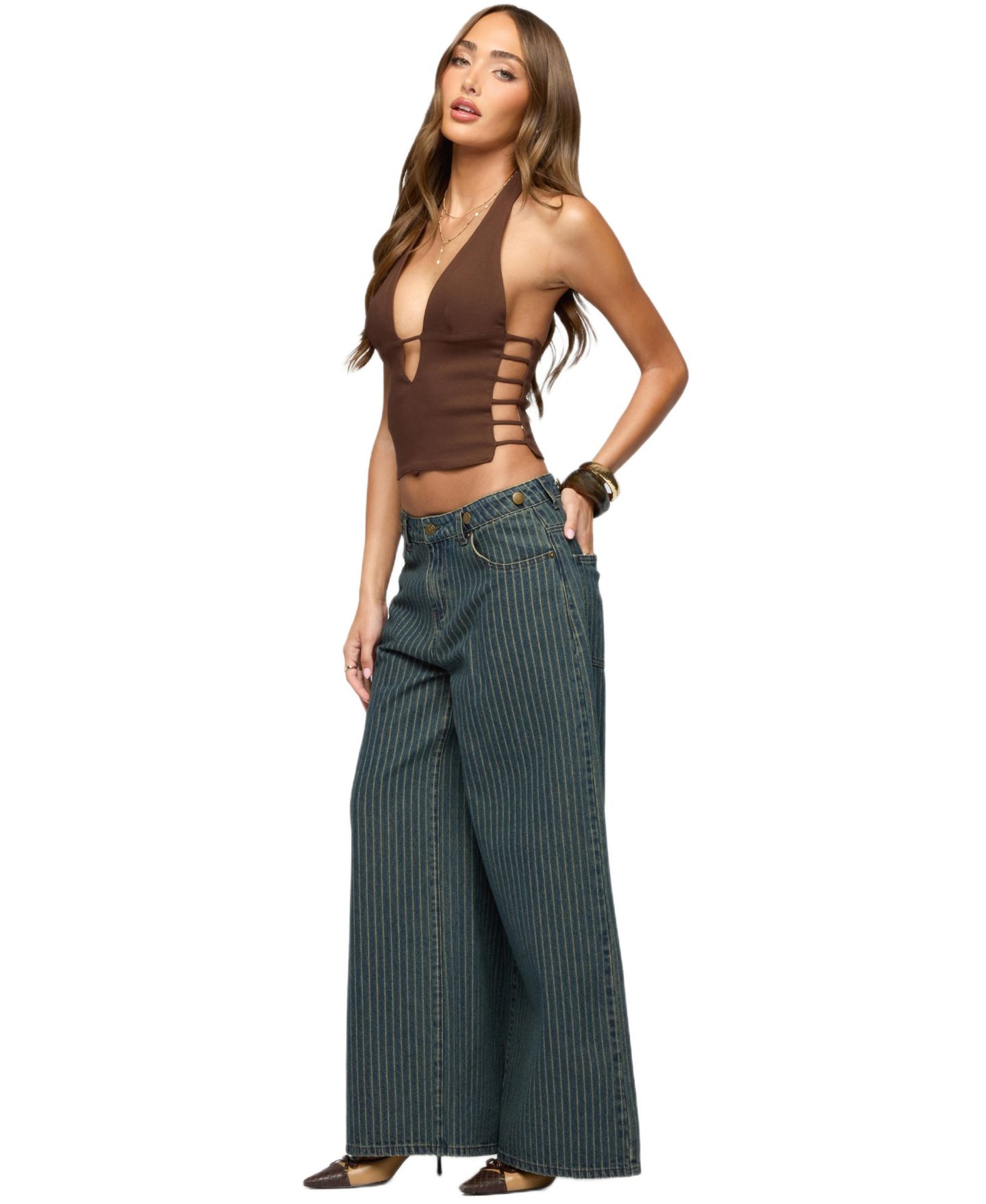 Женский топ Edikted Aneera Cutout Plunging Halter, цвет: Коричневый — фото 3