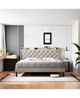 Upholstered Platform Bed Frame with Button Tufted Headboard, Storage Shelf and USB Charging Station, Steel Support, Noise-Free, Easy Assembly
